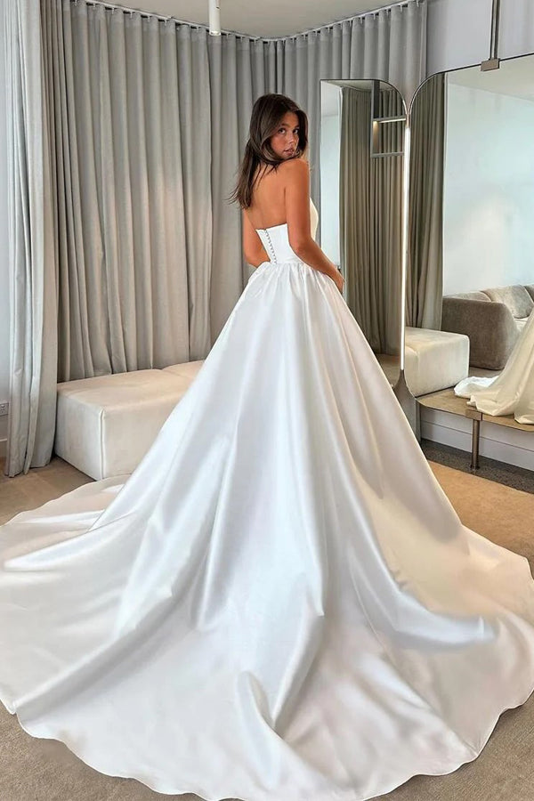 Ball Gown Strapless Satin Modest Wedding Dress With Train-Pgmdress