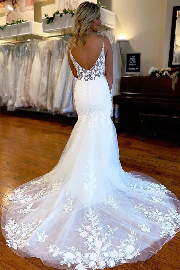 Beautiful Mermaid Satin Lace Wedding Dresses Bridal Gown With Side Slit WD630-Pgmdress