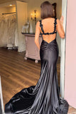 Satin Floral Mermaid Black Long Prom Dress Formal Dress PSK527-Pgmdress