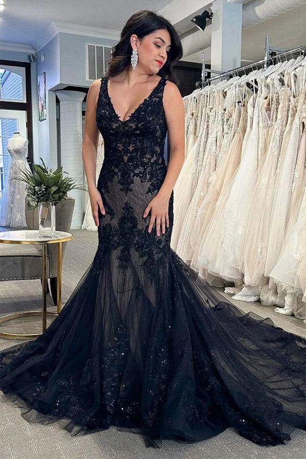 Black Tulle Appliques V-Neck Trumpet Long Wedding Dress WD699 US4 / Black Black Tulle Appliques V-Neck Trumpet Long Wedding Dress WD699 US4 / Black