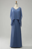 Draped Sleeves Beaded Chiffon Blue Long Mother of the Bride Dress
