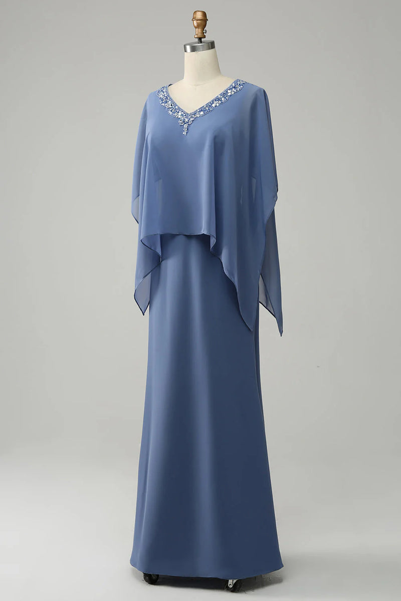 Draped Sleeves Beaded Chiffon Blue Long Mother of the Bride Dress-Pgmdress