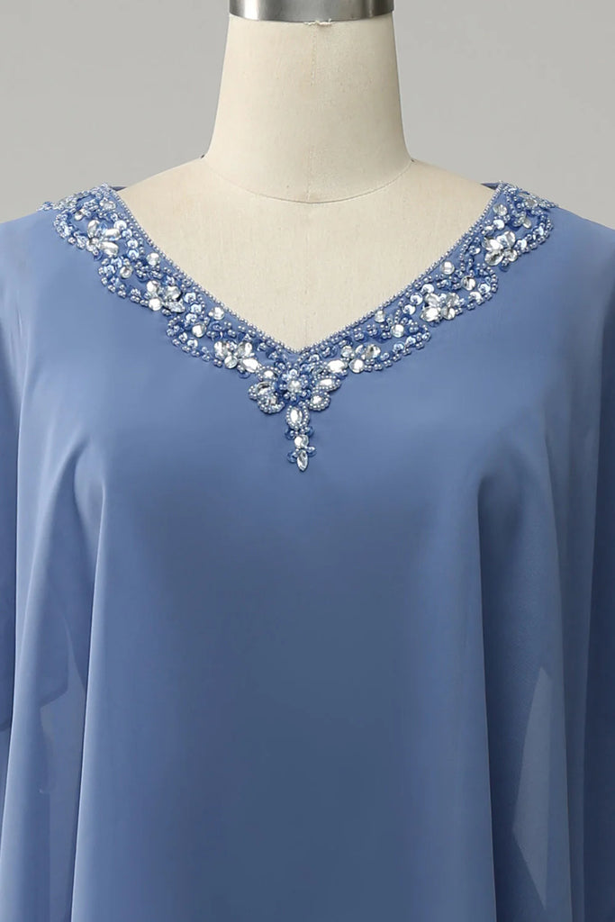 Draped Sleeves Beaded Chiffon Blue Long Mother of the Bride Dress-Pgmdress