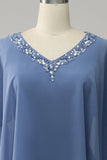 Draped Sleeves Beaded Chiffon Blue Long Mother of the Bride Dress-Pgmdress