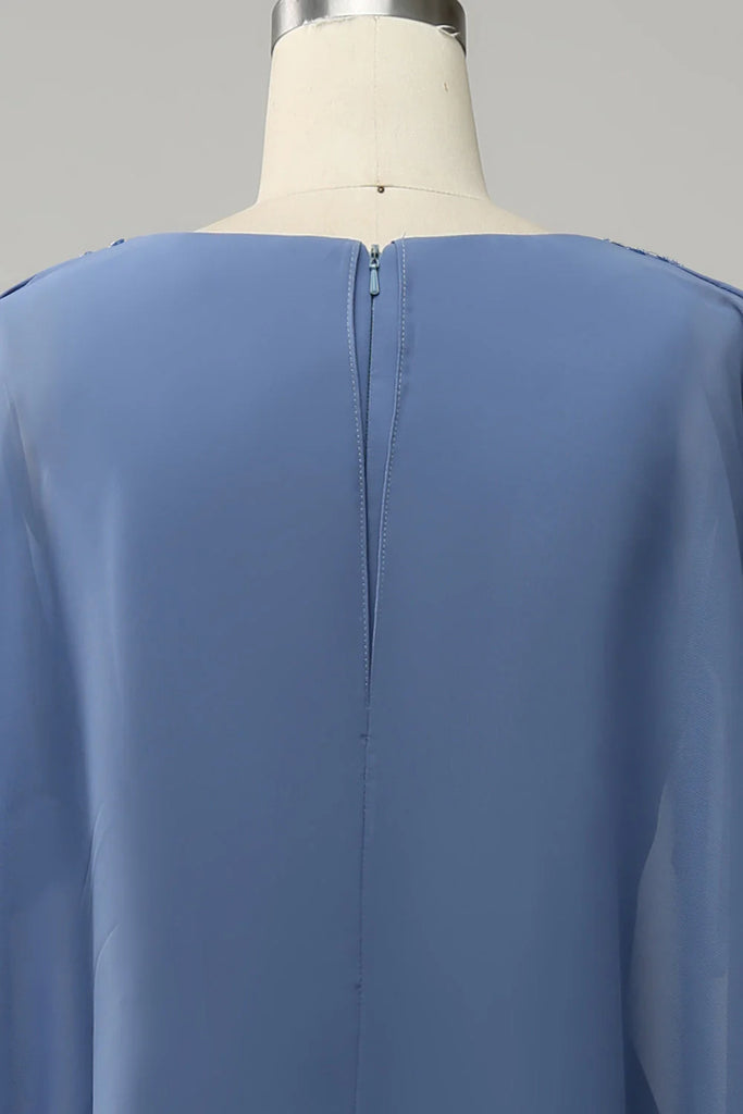 Draped Sleeves Beaded Chiffon Blue Long Mother of the Bride Dress-Pgmdress