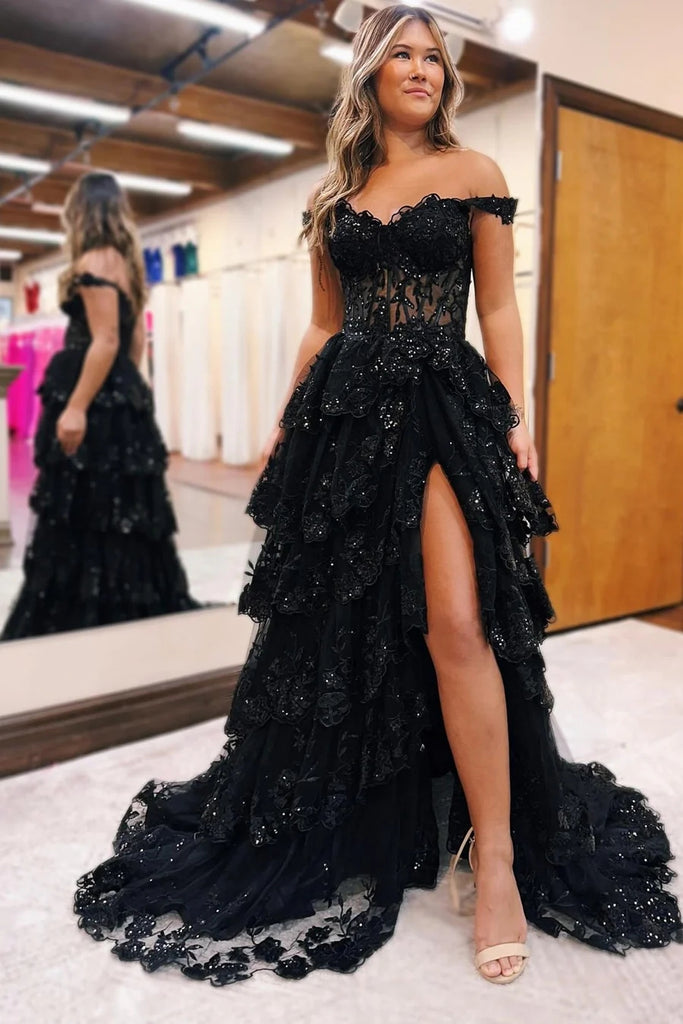 Blue Tulle Appliques Off-the-Shoulder Ruffle Long Prom Dress PSK478-Pgmdress