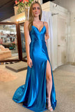Robe de bal longue bleue à col en V et bretelles spaghetti avec fente PSK448