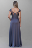 Boat Neck Grey Long Ruched Mother of the Bride Dress with Slit-Pgmdress