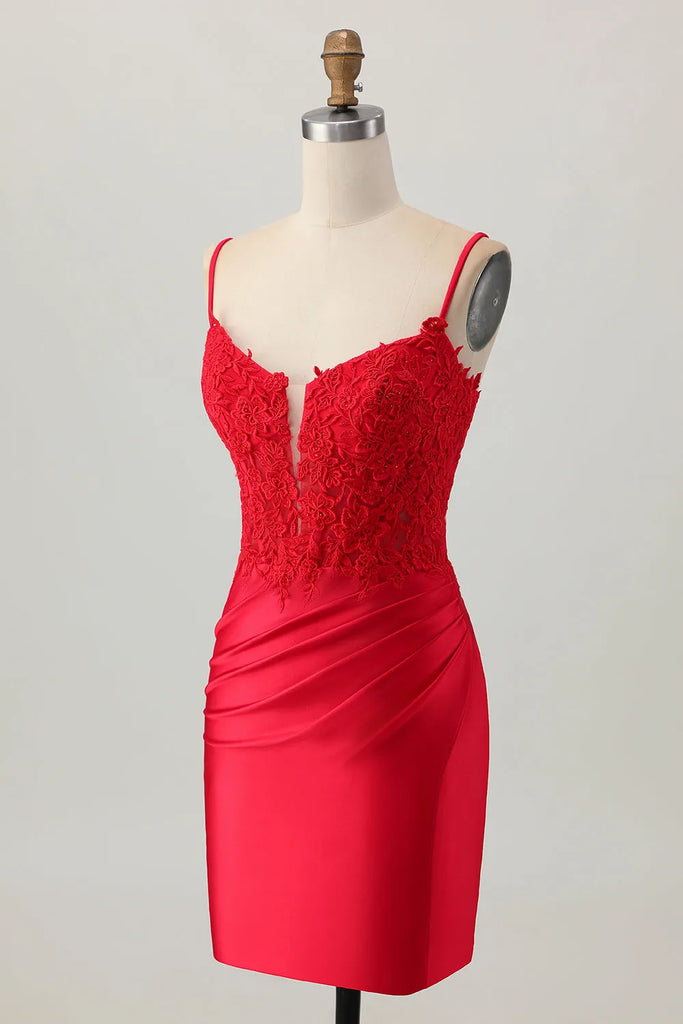 Bodycon Satin Ruched Short Corset Red Homecoming Dress with Lace-Pgmdress