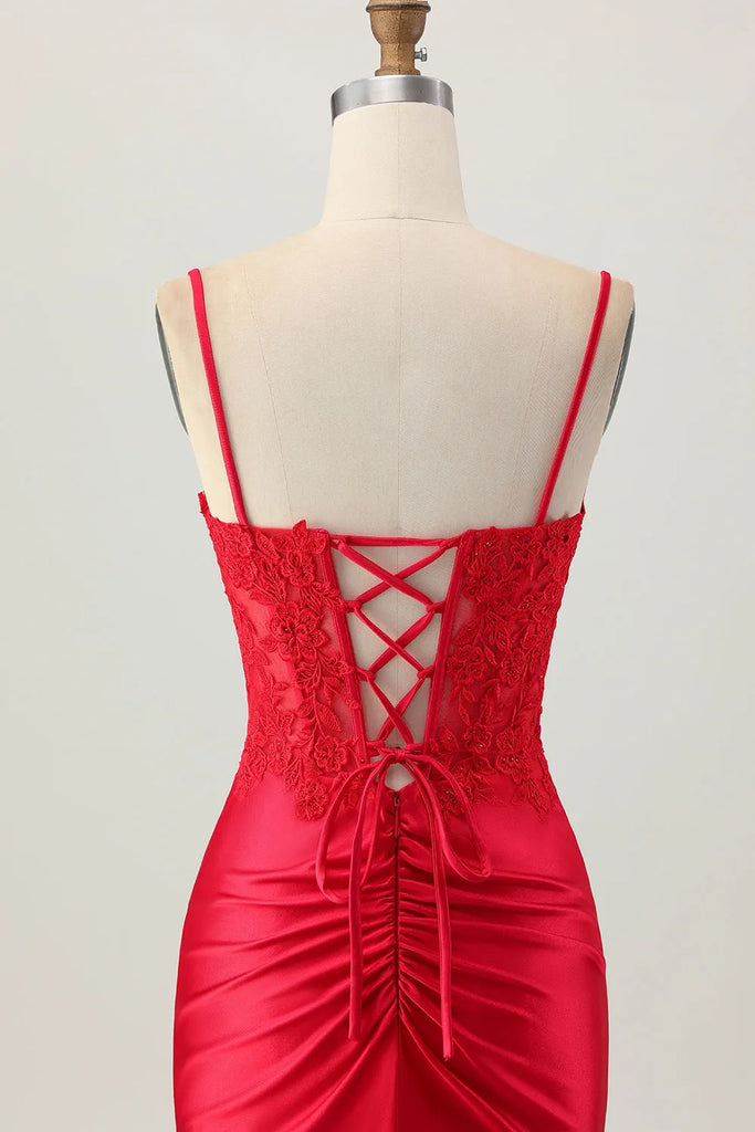 Bodycon Satin Ruched Short Corset Red Homecoming Dress with Lace-Pgmdress