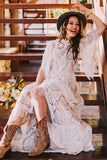 Bohemian A-line Lace Beach Wedding Dress Bridal Gown with Sleeves-Pgmdress