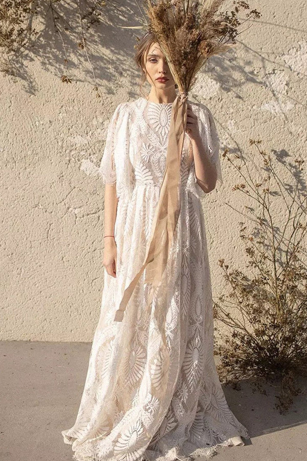 Bohemian A-line Lace Beach Wedding Dress Bridal Gown with Sleeves-Pgmdress