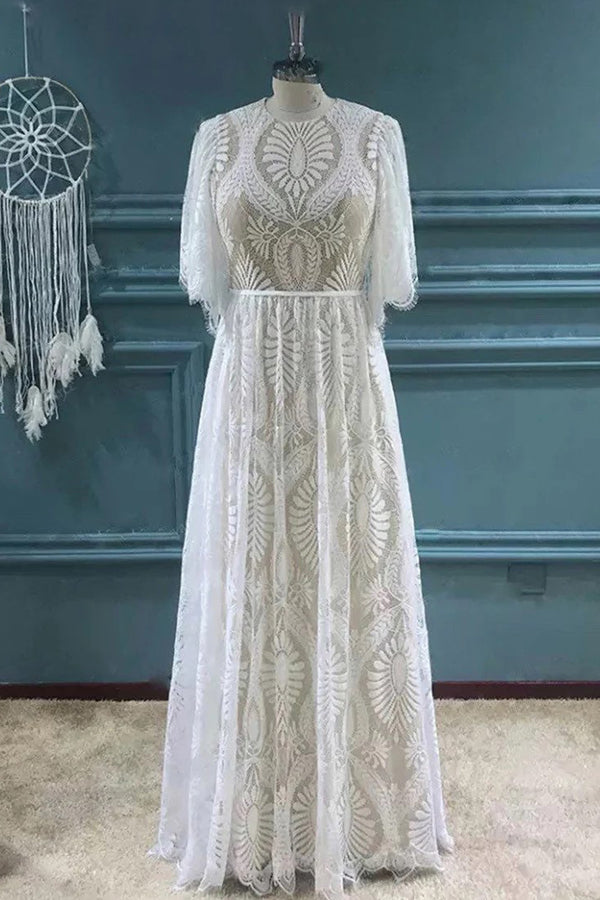 Bohemian A-line Lace Beach Wedding Dress Bridal Gown with Sleeves-Pgmdress