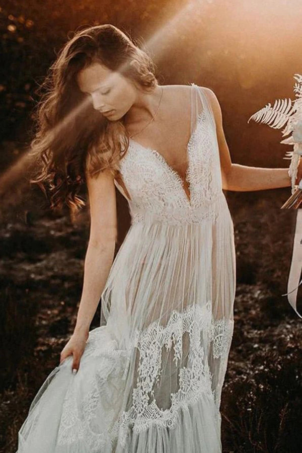 Bohemian Wedding Dress A-line V-Neck Lace Rustic Bridal Gown-Pgmdress