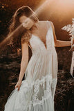 Bohemian Wedding Dress A-line V-Neck Lace Rustic Bridal Gown-Pgmdress