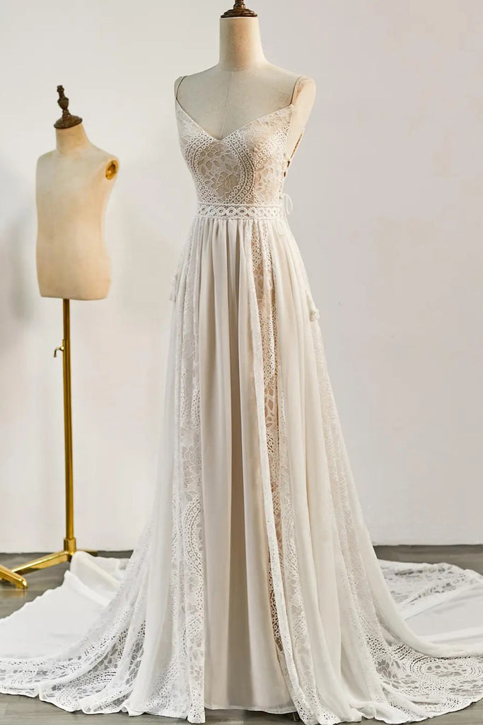 Bohemian Wedding Dresses Lace V Neck Long Beach Bridal Gown-Pgmdress
