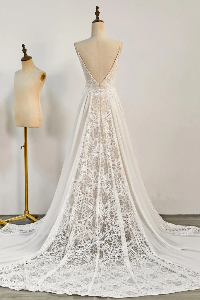 Bohemian Wedding Dresses Lace V Neck Long Beach Bridal Gown-Pgmdress