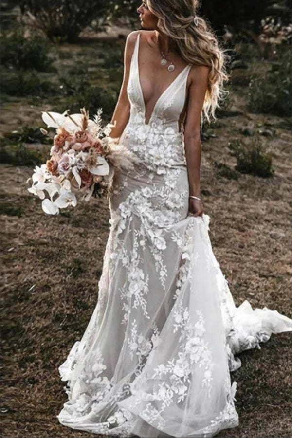 Boho Mermaid Wedding Dress Flower Appliques Bridal Gown WD637