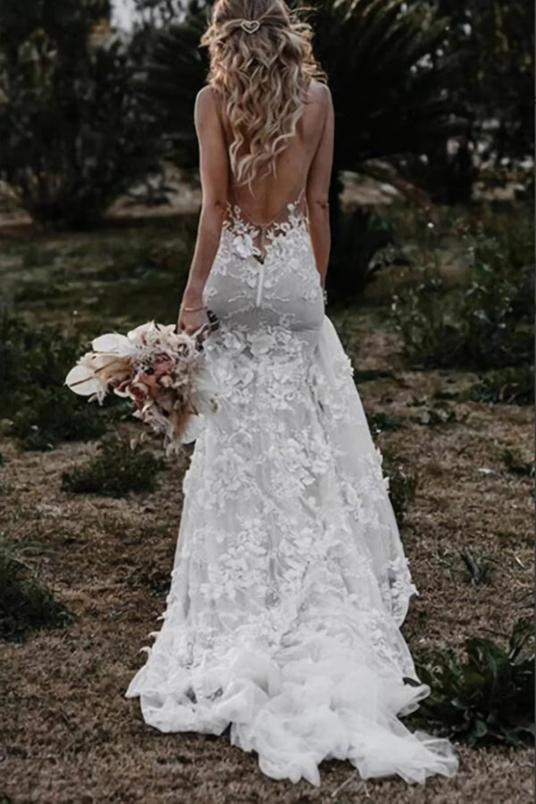 Boho Mermaid Wedding Dress Flower Appliques Bridal Gown WD637-Pgmdress