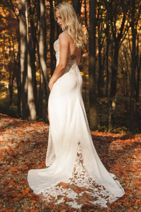 Boho Lace Mermaid Wedding Dress Split Elopement Wedding Dress-Pgmdress