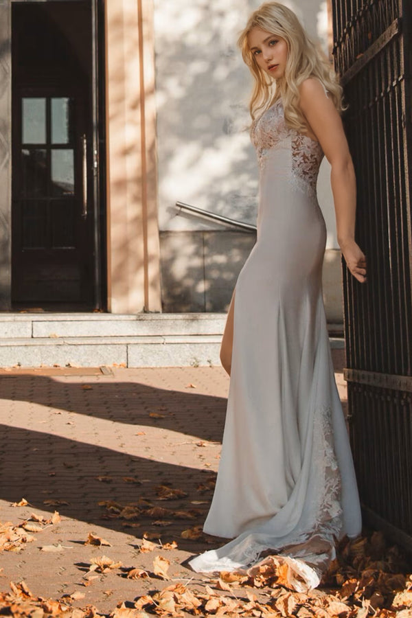 Boho Lace Mermaid Wedding Dress Split Elopement Wedding Dress-Pgmdress