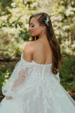Boho Off the Shoulder Long Sleeves Tulle Long Wedding Dress-Pgmdress