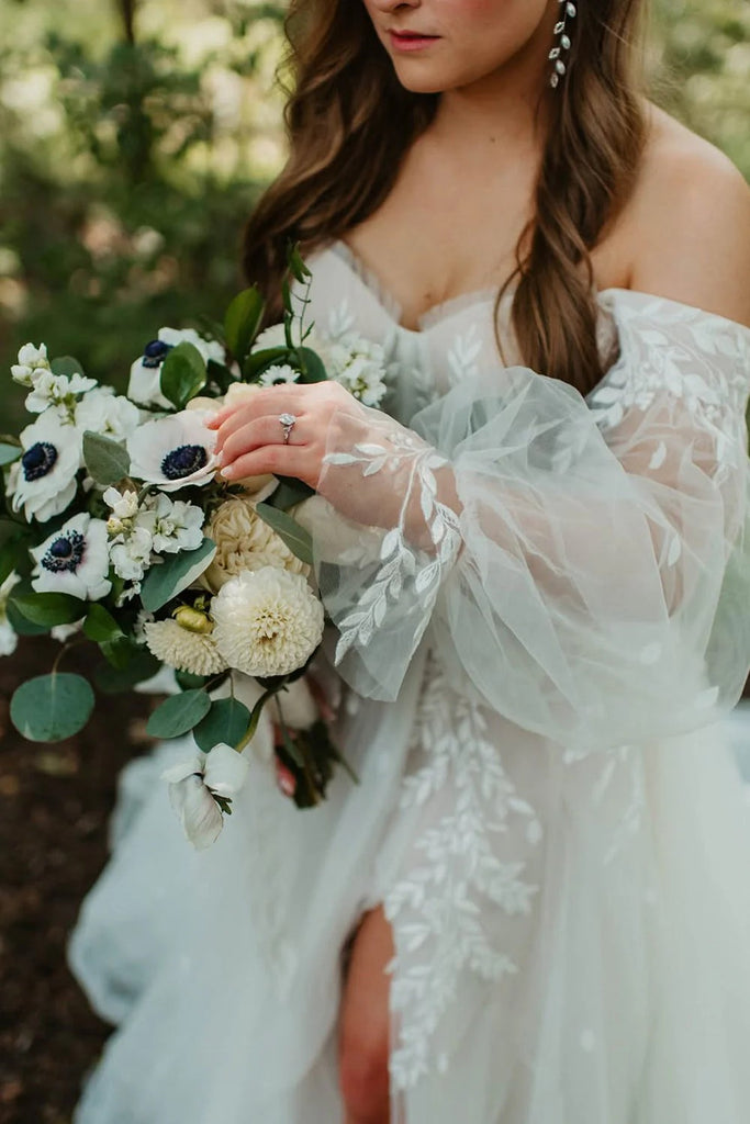 Boho Off the Shoulder Long Sleeves Tulle Long Wedding Dress-Pgmdress