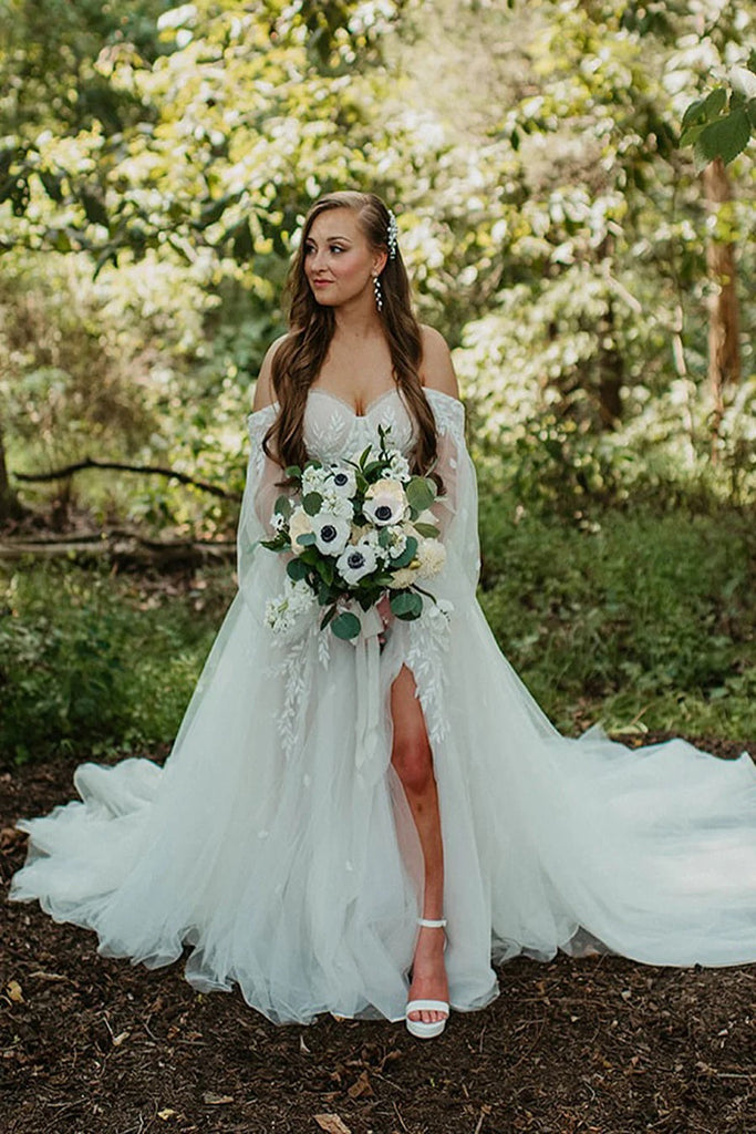 Boho Off the Shoulder Long Sleeves Tulle Long Wedding Dress-Pgmdress