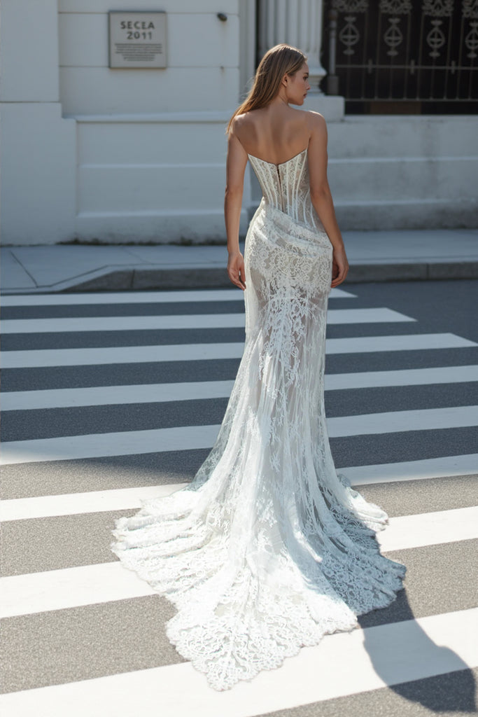 Boutique Strapless Lace Bohemian Wedding Dress With Detachable Skirt-Pgmdress