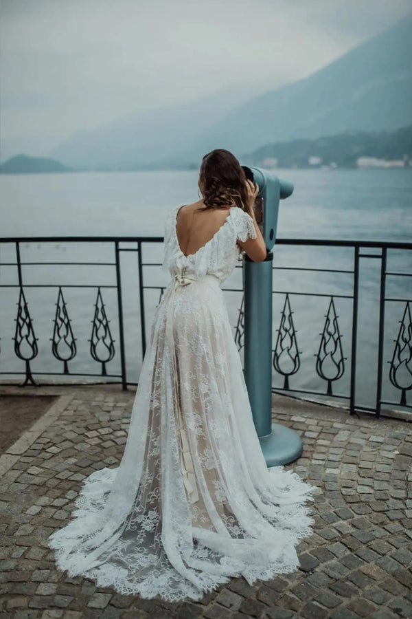 Cap Sleeves Ivory Lace Boho Wedding Dress Beach Wedding Dress-Pgmdress