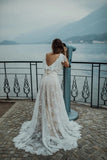 Cap Sleeves Ivory Lace Boho Wedding Dress Beach Wedding Dress-Pgmdress