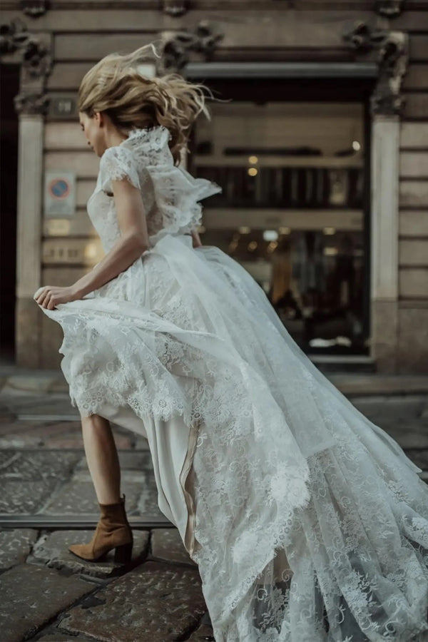 Cap Sleeves Ivory Lace Boho Wedding Dress Beach Wedding Dress-Pgmdress