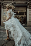 Cap Sleeves Ivory Lace Boho Wedding Dress Beach Wedding Dress-Pgmdress
