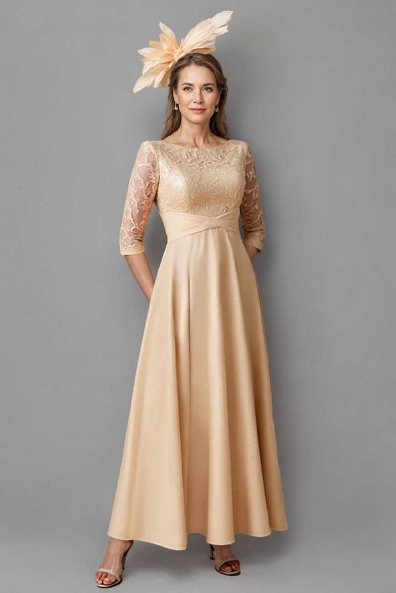 Champagne Boat Neck Long Mother of the Bride Dress with 3/4 Sleeves-Pgmdress