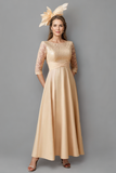 Champagne Boat Neck Long Mother of the Bride Dress with 3/4 Sleeves-Pgmdress