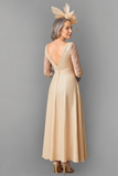 Champagne Boat Neck Long Mother of the Bride Dress with 3/4 Sleeves-Pgmdress