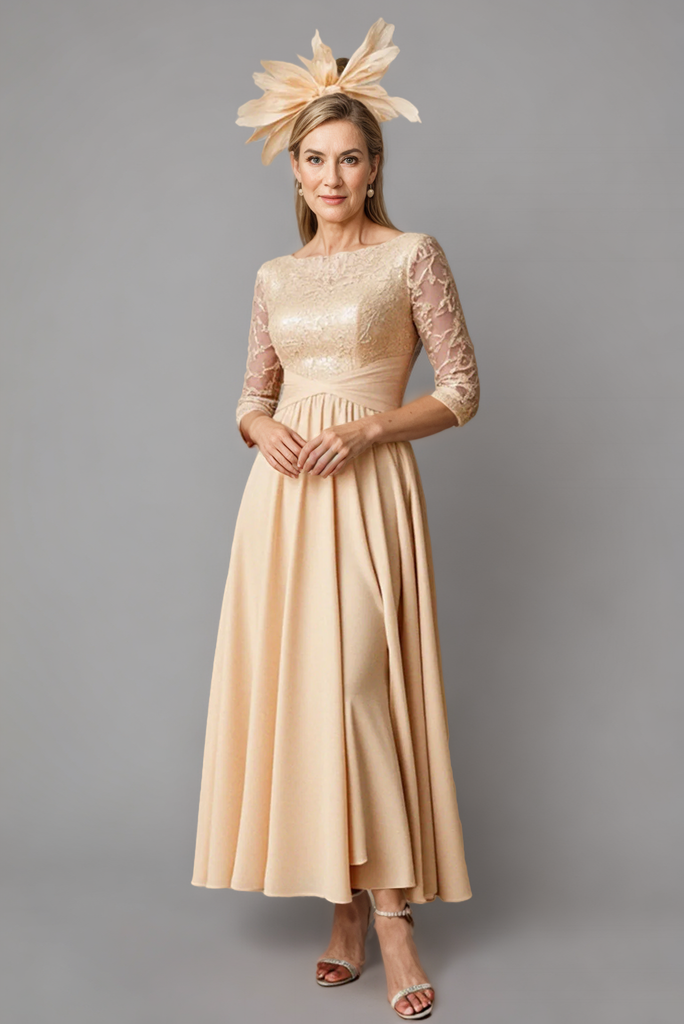 Champagne Boat Neck Long Mother of the Bride Dress with 3/4 Sleeves-Pgmdress
