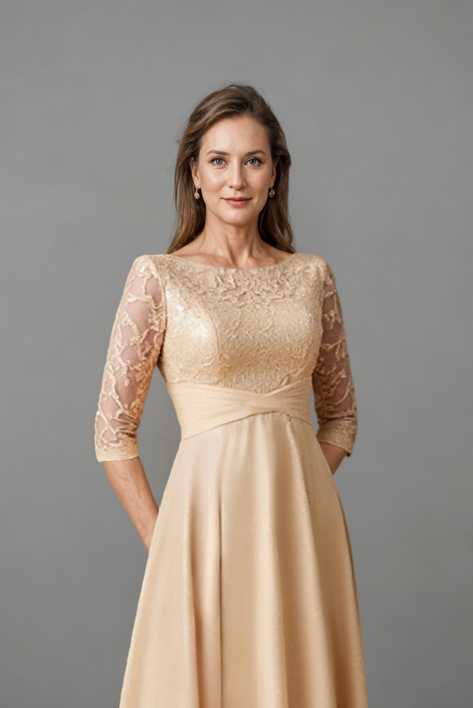 Champagne Boat Neck Long Mother of the Bride Dress with 3/4 Sleeves-Pgmdress