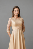 Champagne Boat Neck Long Mother of the Bride Dress with 3/4 Sleeves-Pgmdress