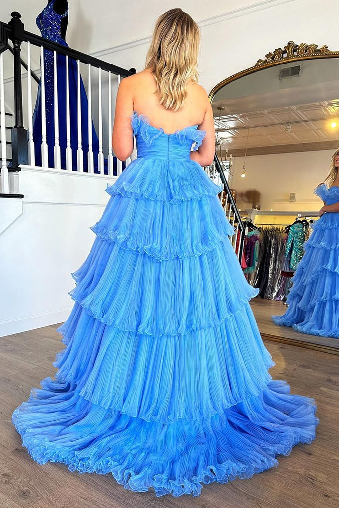 Charming A Line Strapless Blue Long Prom Dress with Ruffles PSK492-Pgmdress
