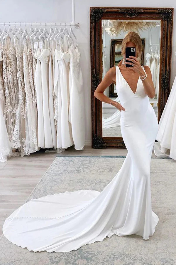 Charming Mermaid V Neck Satin Simple Long Wedding Dress WD792-Pgmdress
