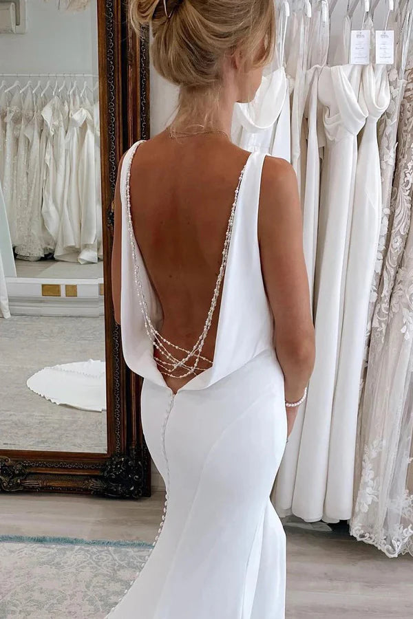 Charming Mermaid V Neck Satin Simple Long Wedding Dress WD792-Pgmdress