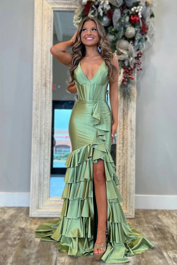 Charming Mermaid V Neck Satin Tiered Slit Sage Prom Dress PSK695  Pgmdress