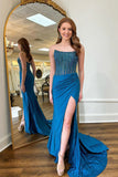 Charmante robe de bal sirène bleue à col rond et perles PSK606