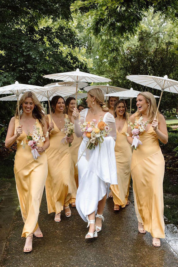 Charming Sheath V Neck Silk Satin Orange Bridesmaid Dress