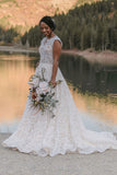 Charming V-neck A-line Lace Rustic Long Wedding Dress WD794-Pgmdress