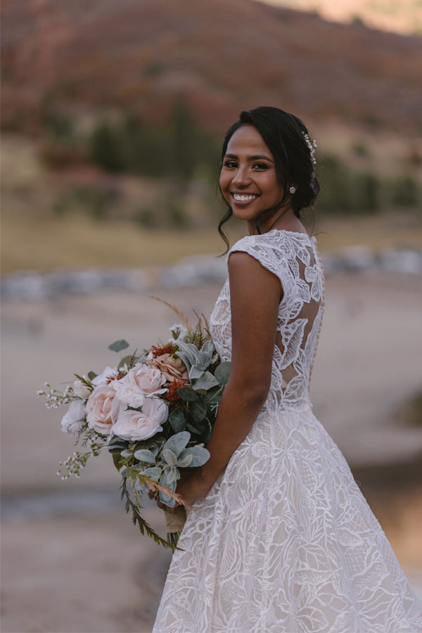 Charming V-neck A-line Lace Rustic Long Wedding Dress WD794-Pgmdress