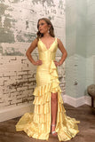 Charming Mermaid V Neck Satin Tiered Slit Sage Prom Dress PSK695