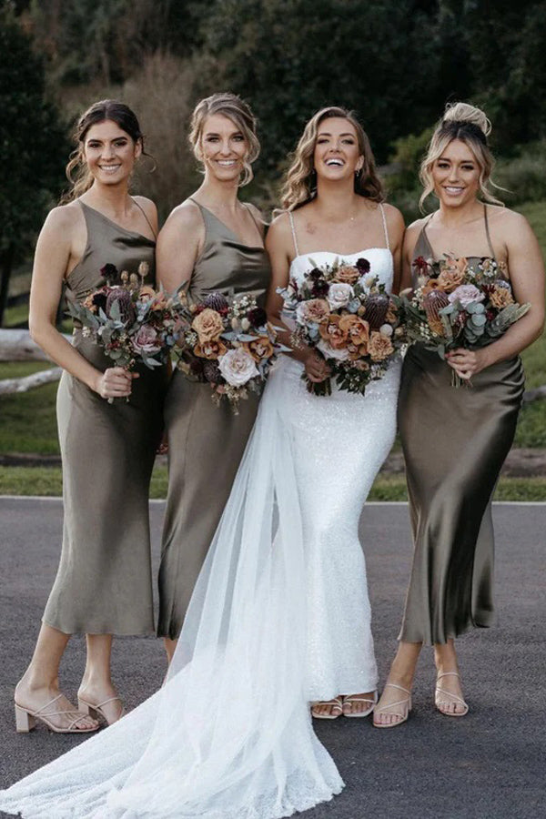 Chic Satin Sheath Bridesmaid Dresses Tea-length Short Gowns BD107 US0 / Custom Color Chic Satin Sheath Bridesmaid Dresses Tea-length Short Gowns BD107 US0 / Custom Color