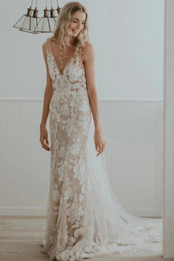 Robe de mariée en dentelle florale sans bretelles A Line Boho Ivoire avec nœud  papillon en satin – Pgmdress